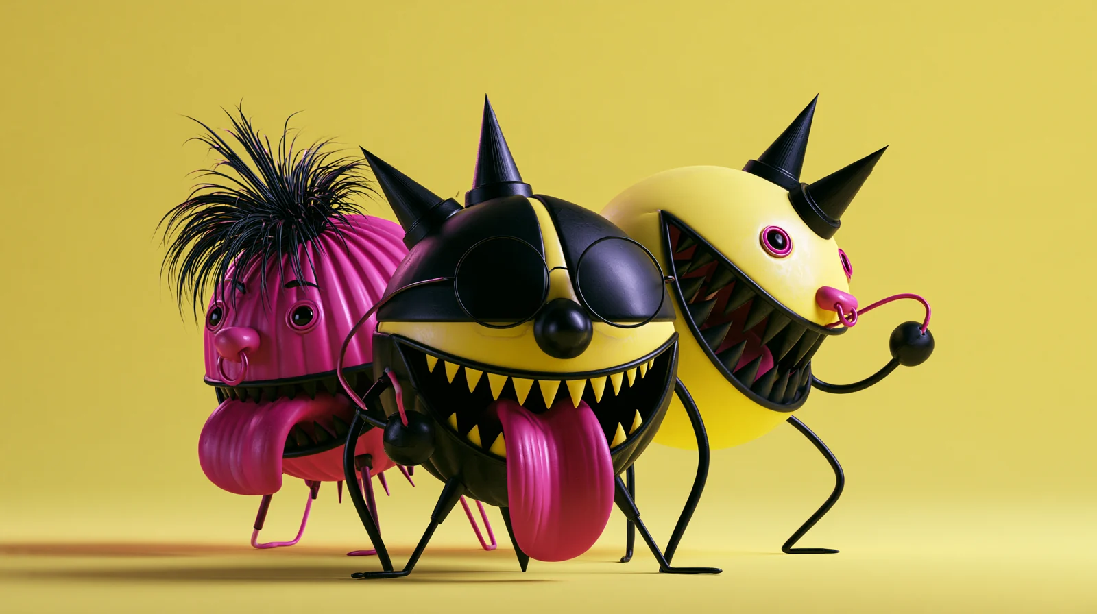 Three eccentric sculptural characters against a yellow backdrop.