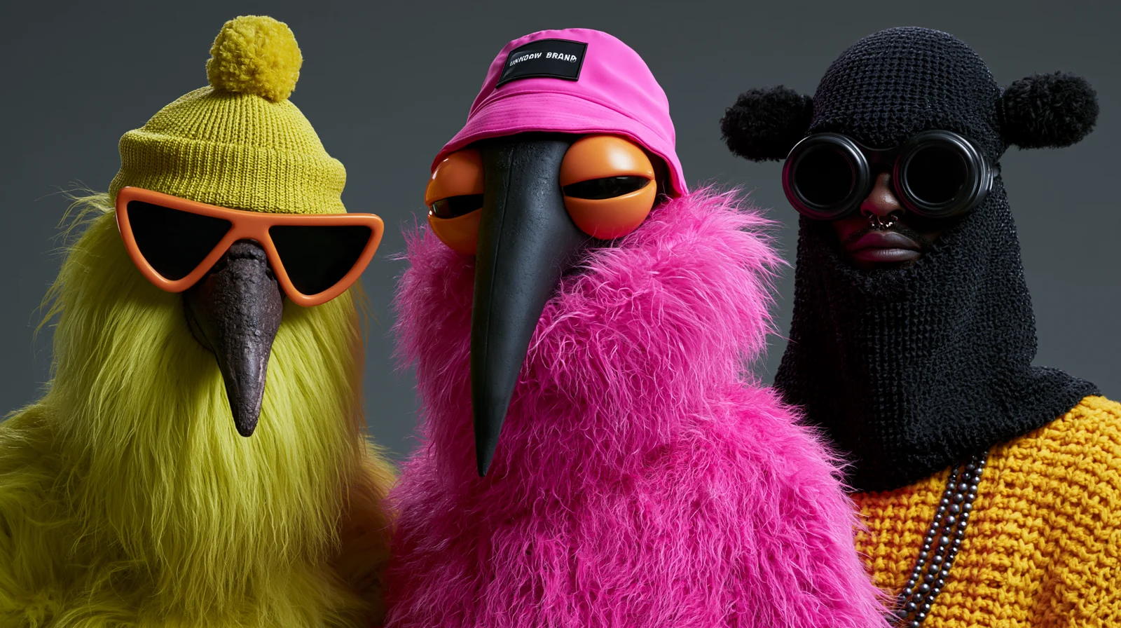 Three textured characters styled in yellow, pink and black.