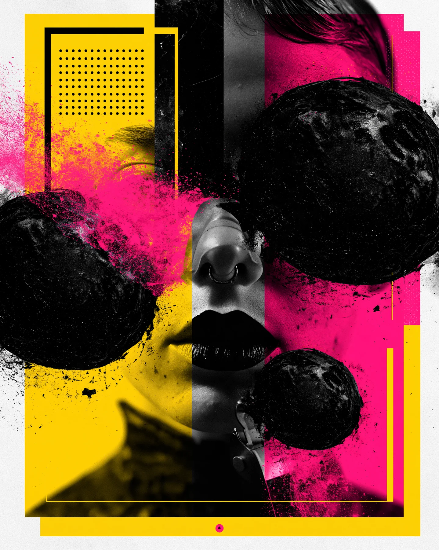 An abstract collage of black spheres, yellow fields and pink pigment.